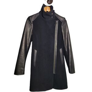 Caché Asymmetric Leather Wool Midi Coat Black XS